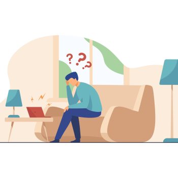 Man using laptop for video call. Angry talk partner shouting at him from speakers flat vector illustration. Online communication, conflict concept for banner, website design or landing web page